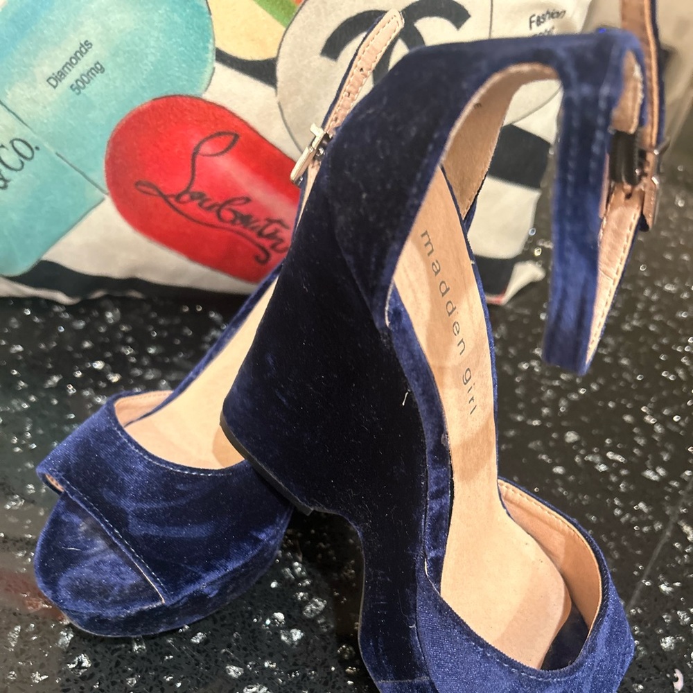 Madden Girl Blue Velvet Platform Ankle Strap Shoes